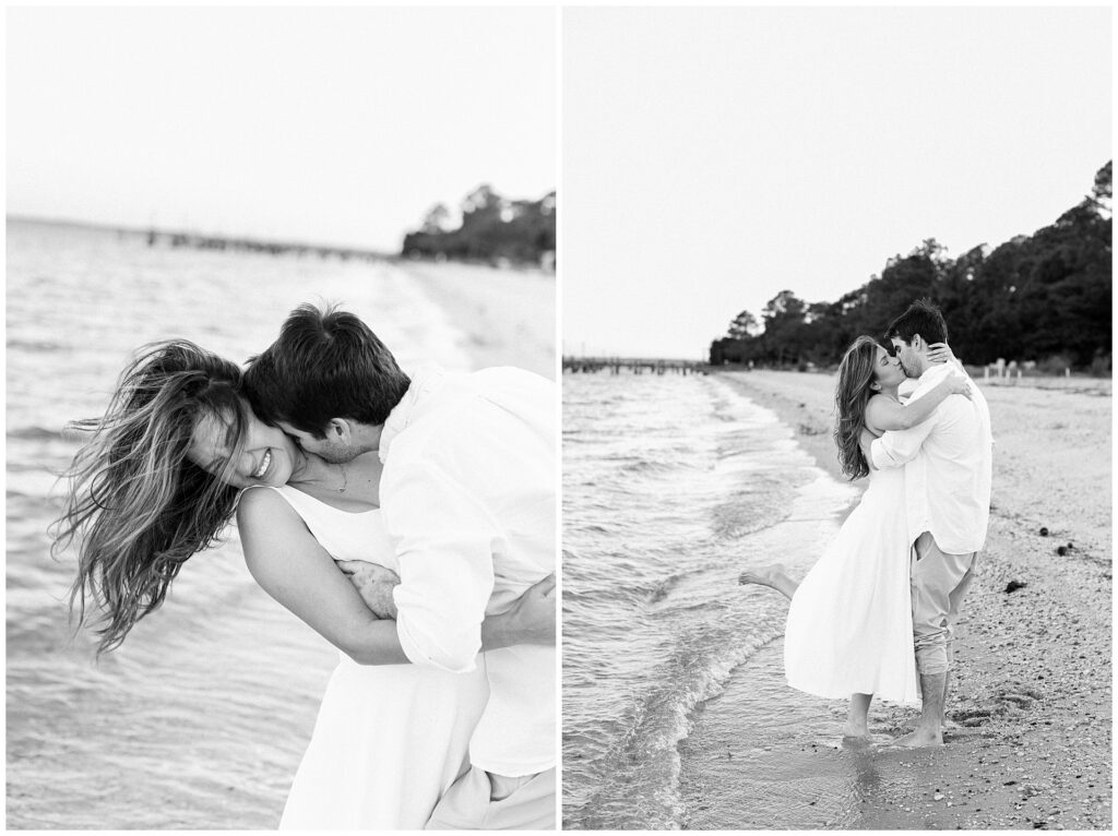 black and white Cinematic blue hour Maryland beach engagement session, featuring couple in white, laughing and walking along the beach
