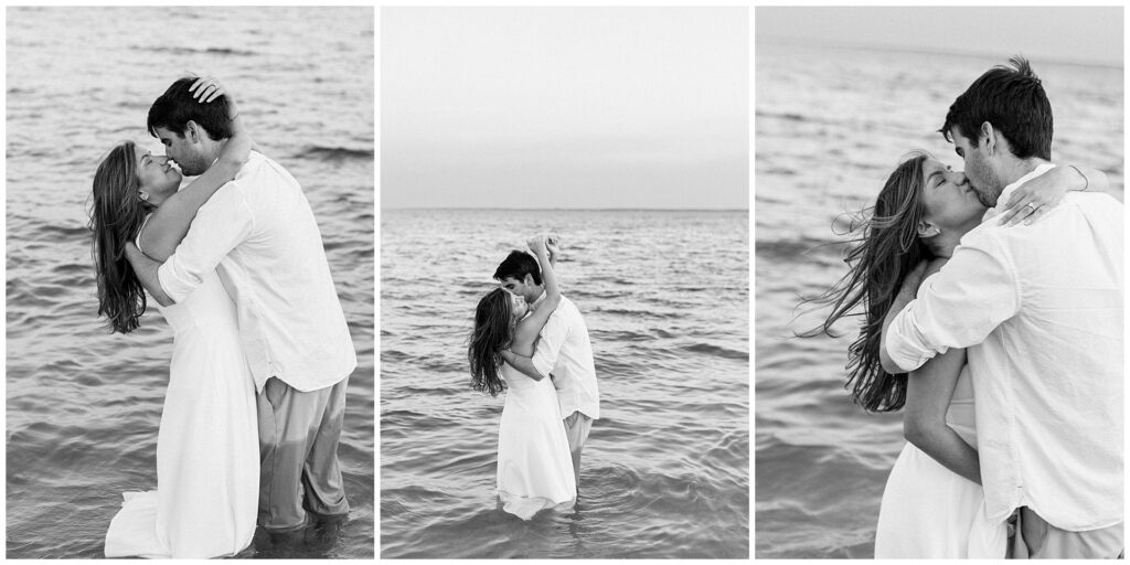 Cinematic beach photos of the couple kissing in the water
