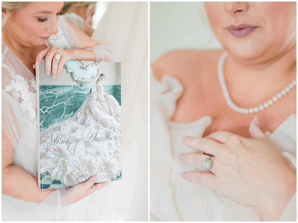 Bride showing off her yellow 3ct diamond engagement ring