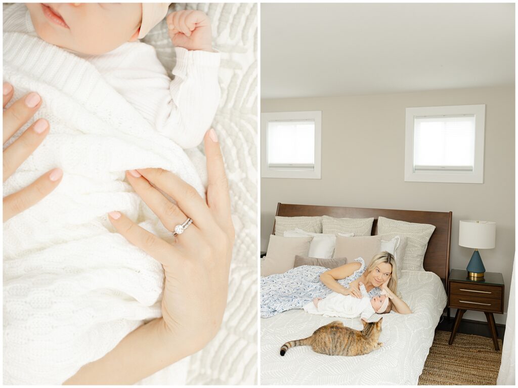 Mom holds her baby and her engagement ring is visible.