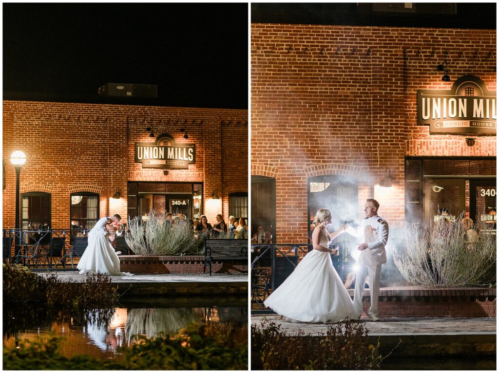 Romantic night portraits of naval officer and bride outside Union Mills Public House in Frederick. Historic brick building and waterfront reflections create dramatic backdrop for evening wedding photos.