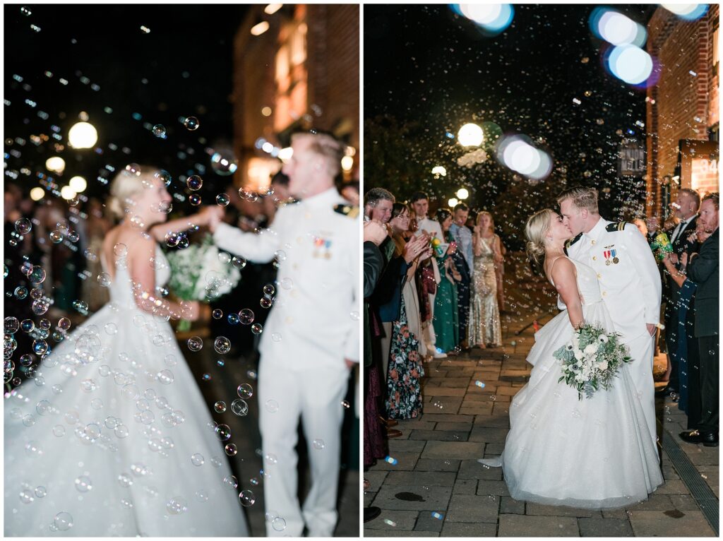 Split view of bubble exit details at evening wedding. Close-up of bride's sparkle dress through bubbles paired with full scene of couple's romantic kiss during sendof