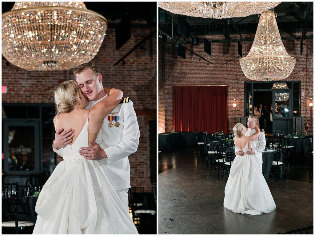 Naval officer in dress whites and bride in sparkle ballgown share intimate last dance beneath crystal chandeliers at Union Mills Public House. Split view showcasing both close-up and full room perspective with elegant brick walls and vintage-style bar.