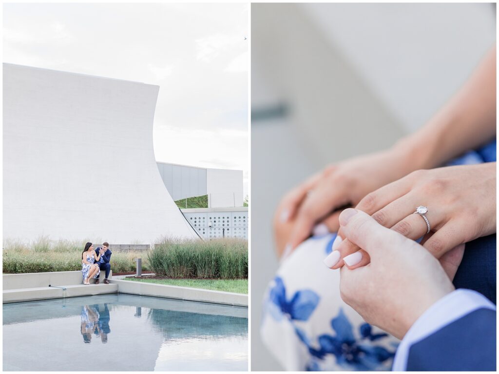 Formal engagement session at Kennedy Center in Washington DC with modern architecture and reflecting pool