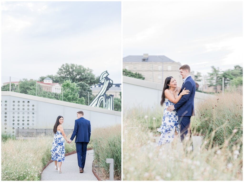 Blue dress engagement photo ideas in Washington DC gardens at the Kennedy Center