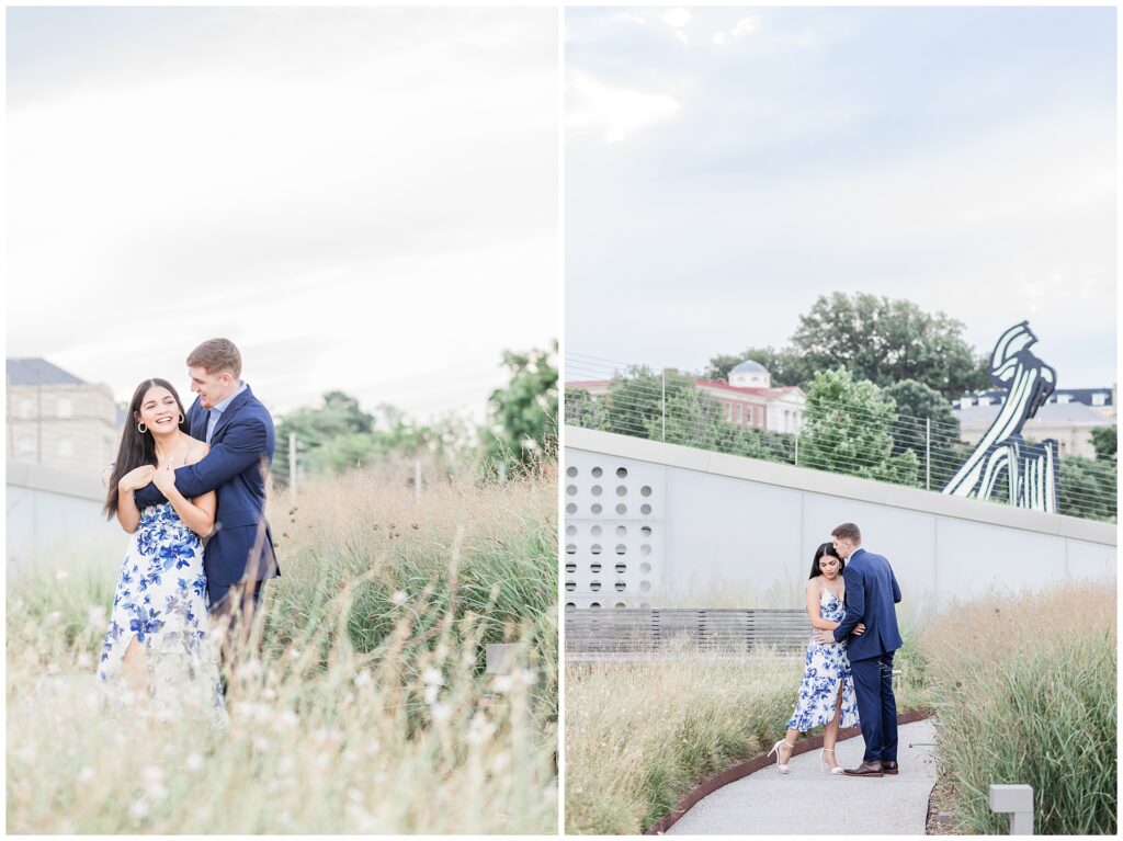 Formal engagement photo ideas in Washington DC sculpture gardens at the Kennedy Center