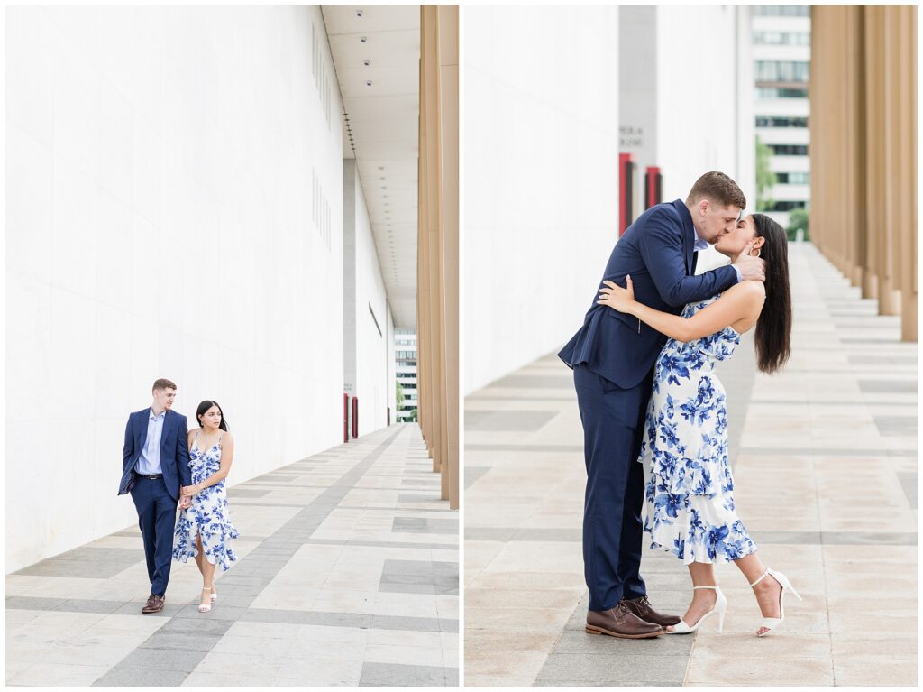 Formal engagement session at Kennedy Center in Washington DC with elegant architecture