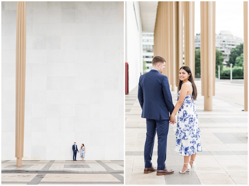 What to wear for formal engagement session at Kennedy Center in Washington DC with elegant architecture