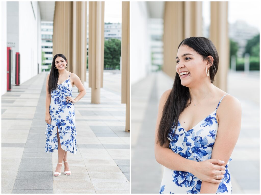 Blue dress engagement photo ideas in Washington DC at the Kennedy Center