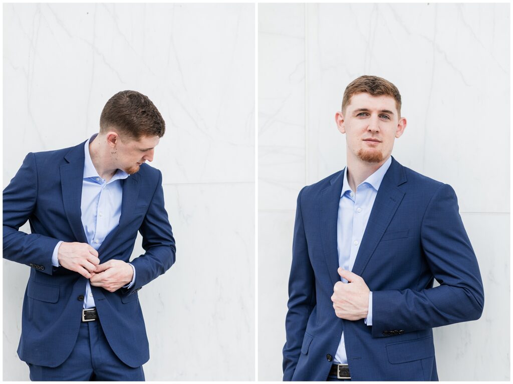 Blue suit engagement photo ideas in Washington DC at the Kennedy Center