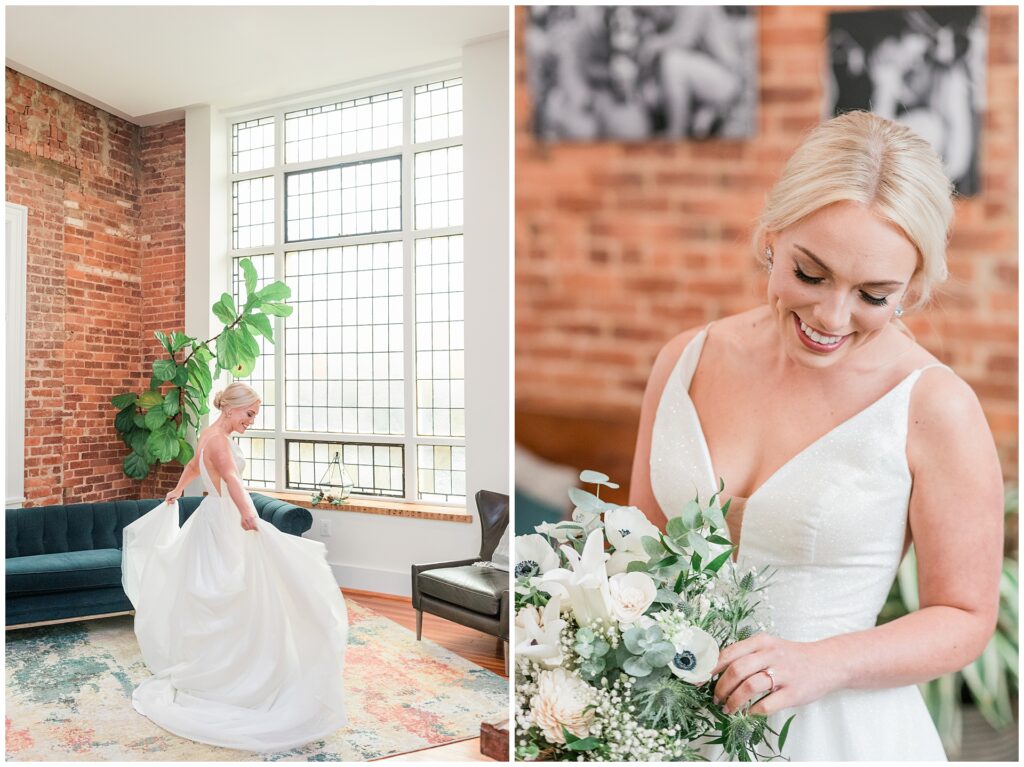 Bride twirling in classic white wedding gown, natural light bridal portraits with white anemone bouquet