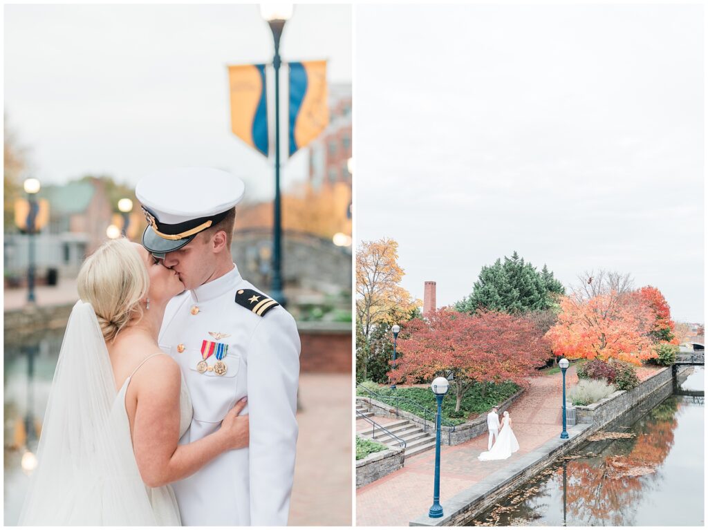 Naval officer wedding portraits with dramatic fall foliage along Carroll Creek in downtown Frederick, intimate and scenic composition