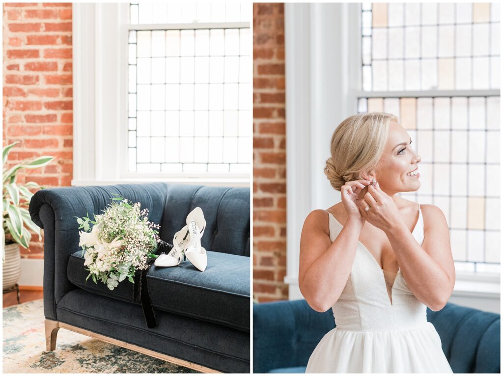 White wedding shoes and bridal bouquet with anemones, bride putting on earrings in historic venue