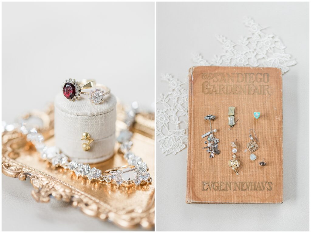 Wedding rings and family heirloom jewelry styled with handwritten notes and vintage book