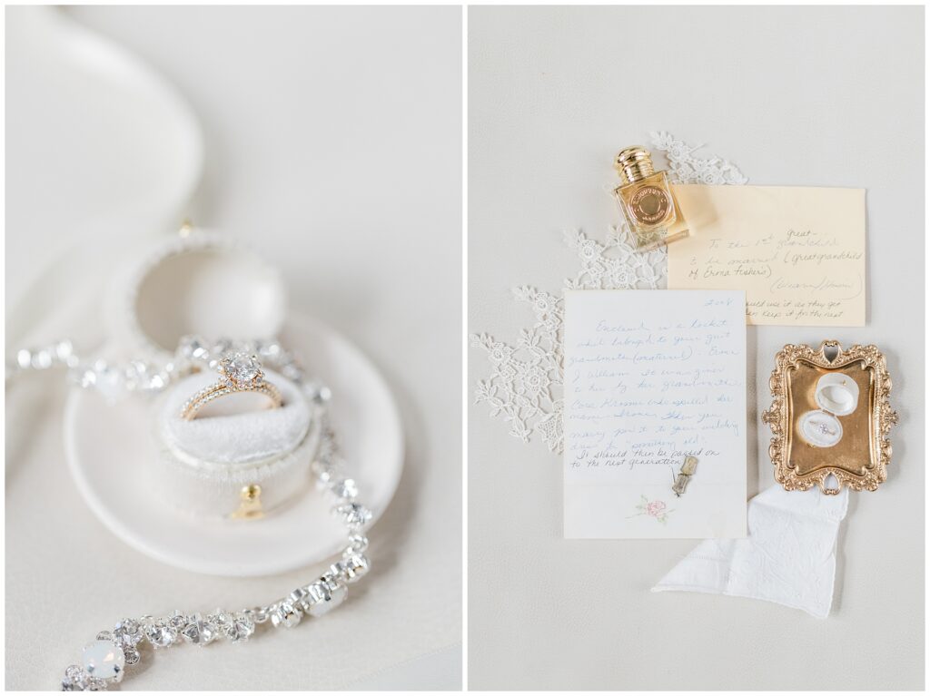 Wedding day jewelry and personal details styled with vintage elements and handwritten notes