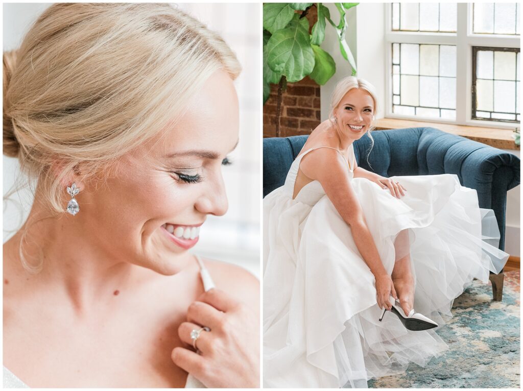 Bride's crystal earrings and natural bridal makeup, elegant bridal preparation moments