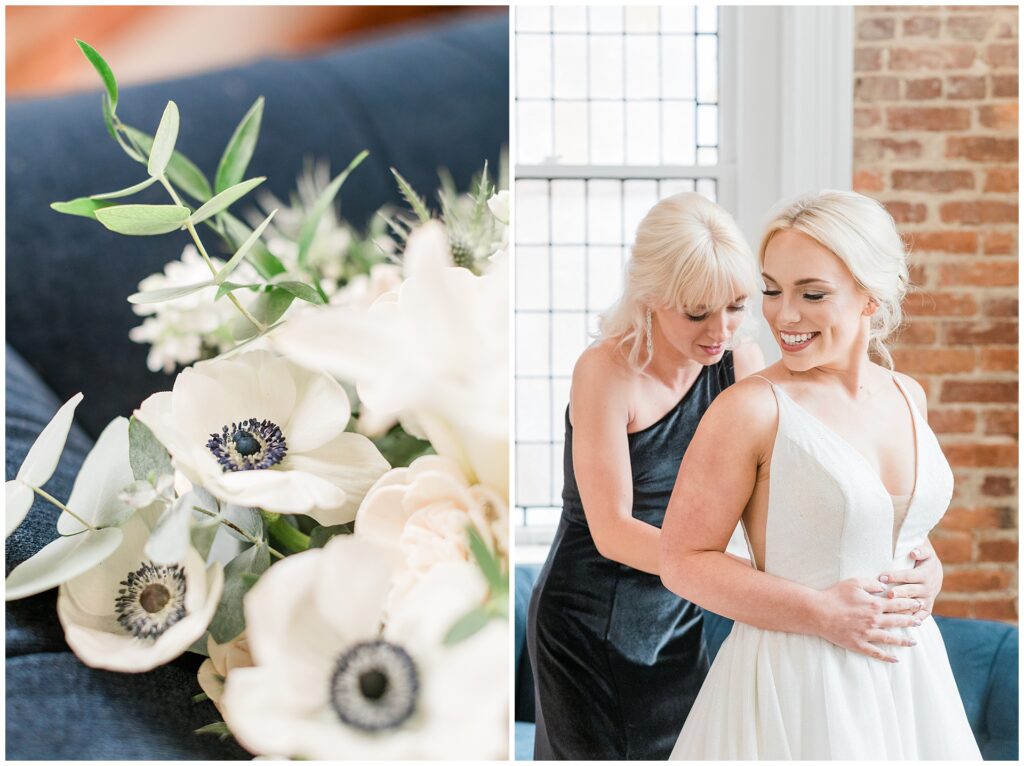 Natural window light bridal portraits with exposed brick walls and elegant dress details