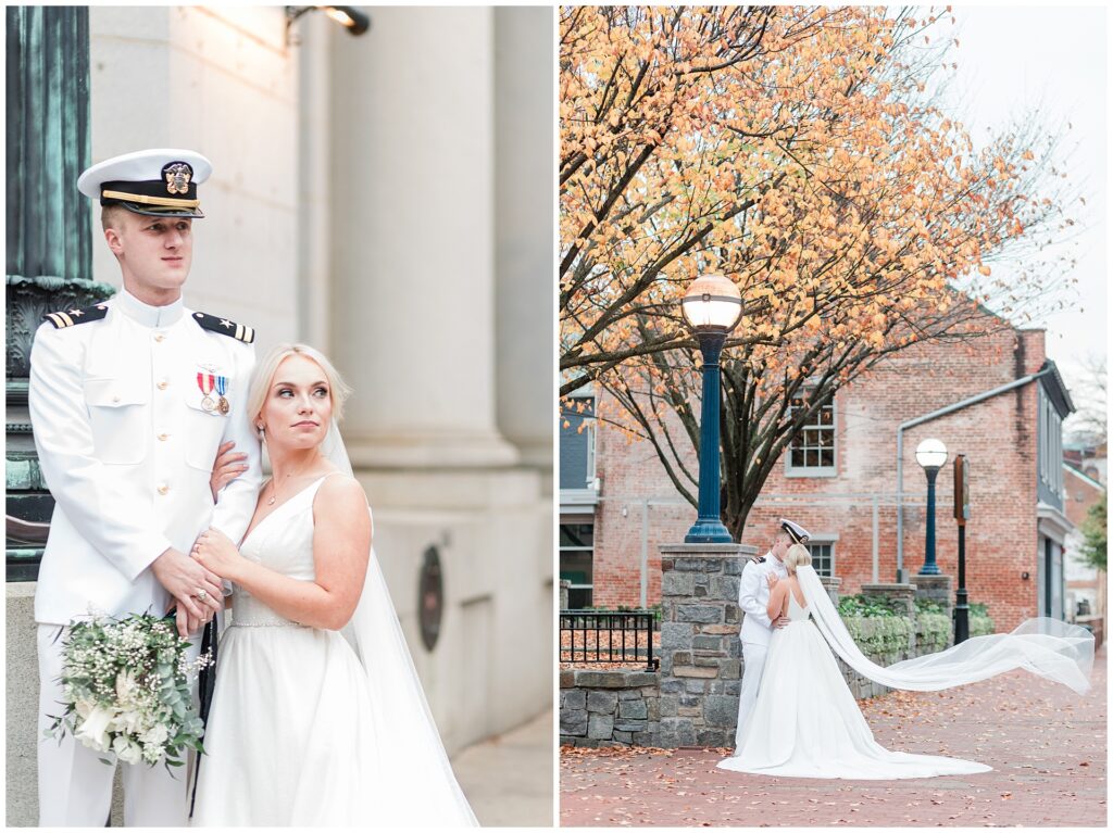 Naval officer wedding portraits along Carroll Creek in Frederick with historic lampposts and stone bridge