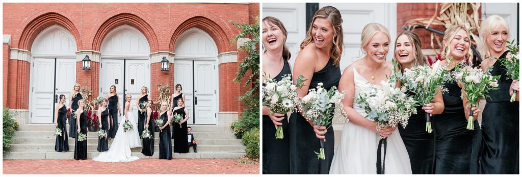 Elegant bridal party with black bridesmaid dresses and white anemone bouquets at historic brick church