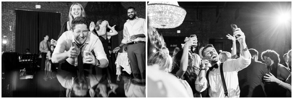 Black and white candid shots of wedding reception dancing. Guests celebrating with drinks and laughter under venue's crystal chandelier.