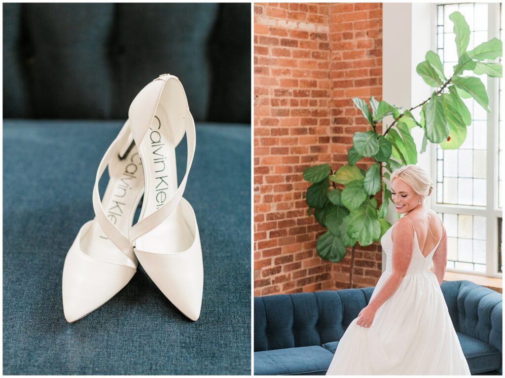 Calvin Klein bridal shoes detail shot, bride in classic white wedding gown against exposed brick