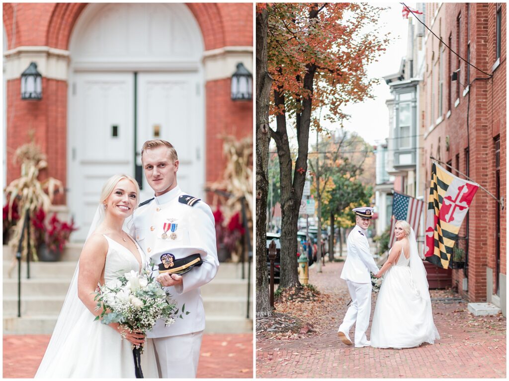 Military wedding portraits in downtown Frederick with American and Maryland flags, fall brick sidewalks and classic architecture