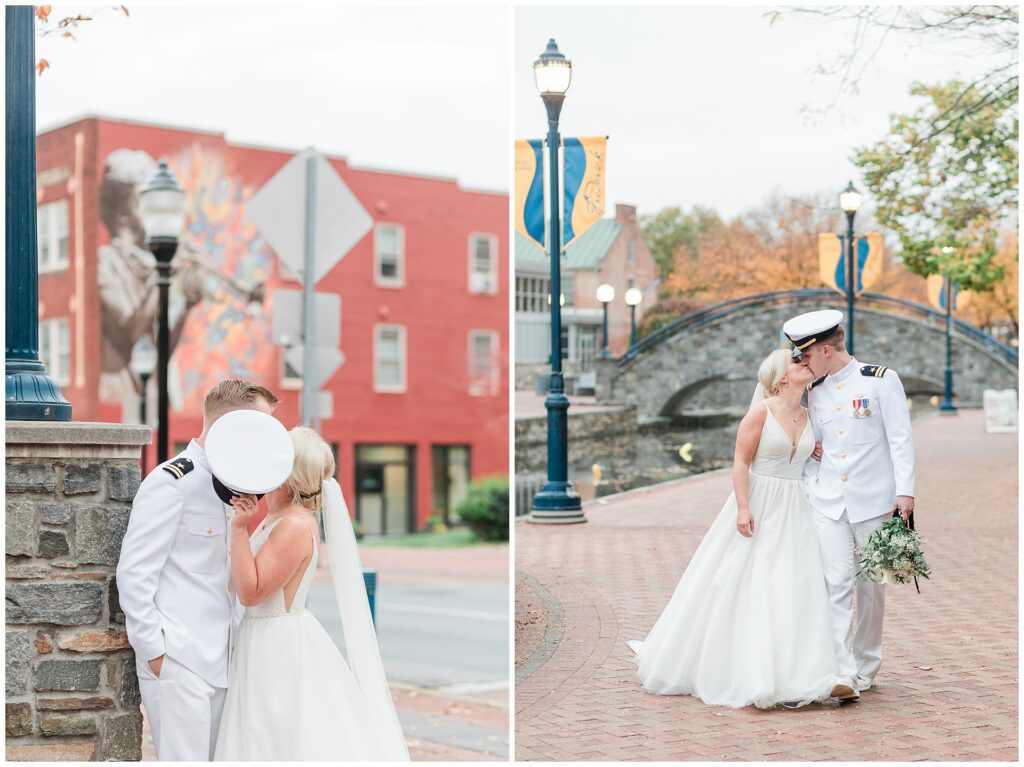 Romantic military wedding portraits along brick sidewalks in historic downtown Frederick with fall foliage