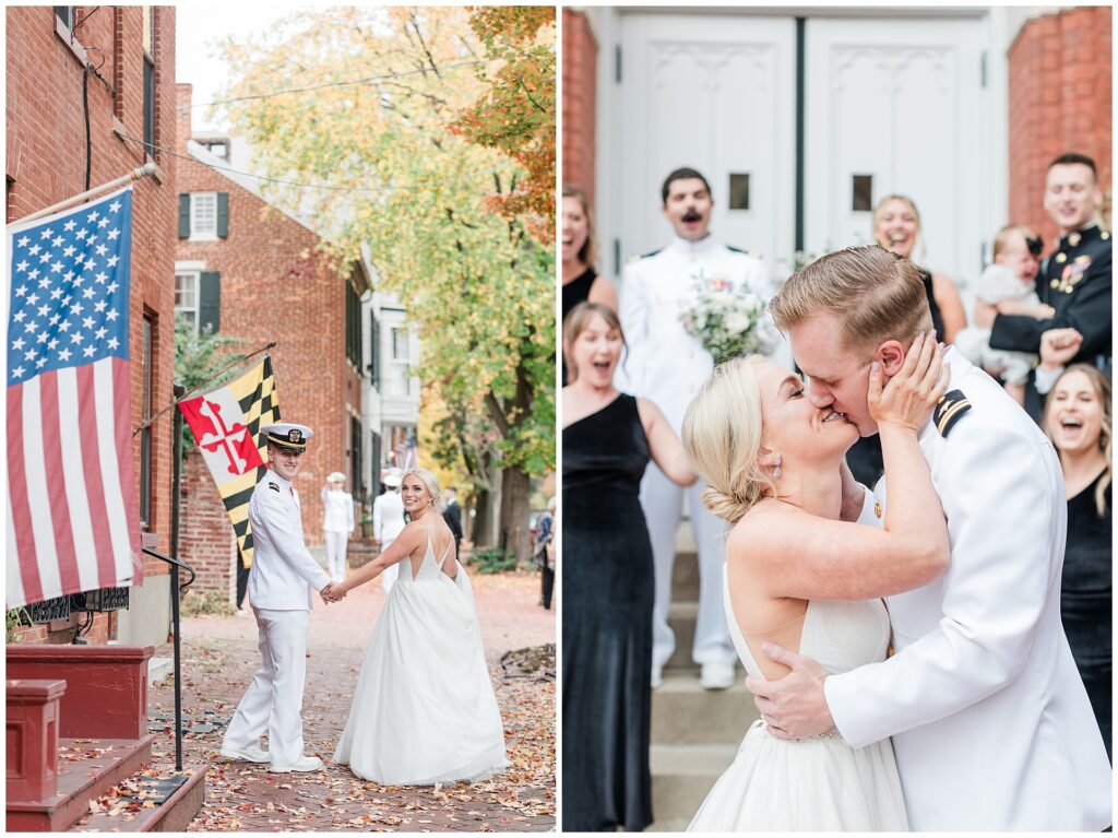 Naval officer and bride portraits in historic downtown Frederick with American flag and Maryland flag, fall wedding photos