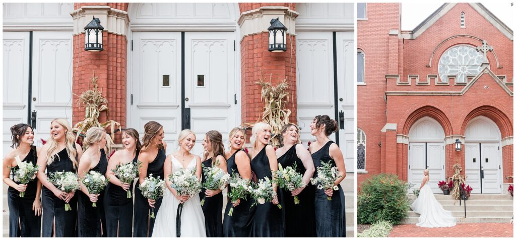 Joyful candid moments with bridesmaids in black dresses and bride in classic white gown at historic brick church