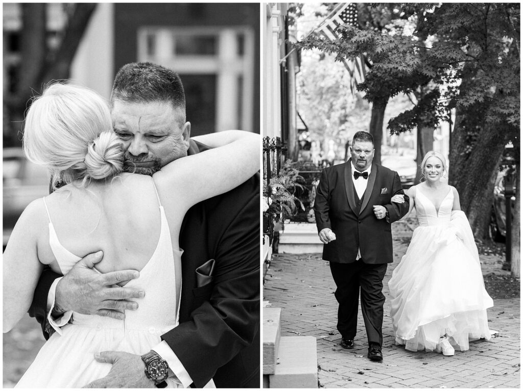 Black and white emotional father daughter first look moments before walking down the aisle, followed by walking together through historic downtown Frederick