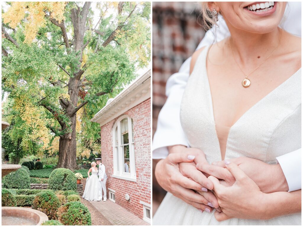 Navy officer and bride walking through historic downtown Frederick's brick sidewalks with American flags and fall maple trees, romantic wedding portraits