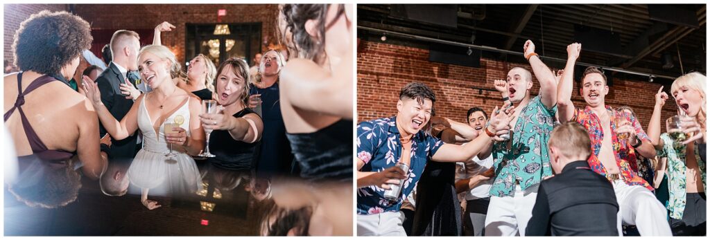 Split view of bride with bridesmaids and groomsmen celebrating at wedding reception. Combination of elegant wedding attire and casual Hawaiian shirts on dance floor.