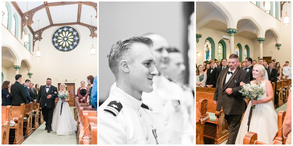 Naval officer wedding ceremony in historic Frederick cathedral, featuring stained glass windows and father of groom officiant