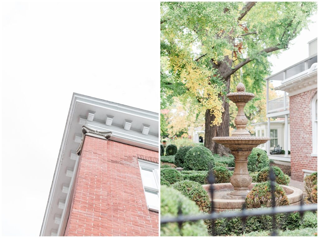 Historic brick architecture and courtyard fountain at Frederick wedding venue with fall foliage and classic garden design