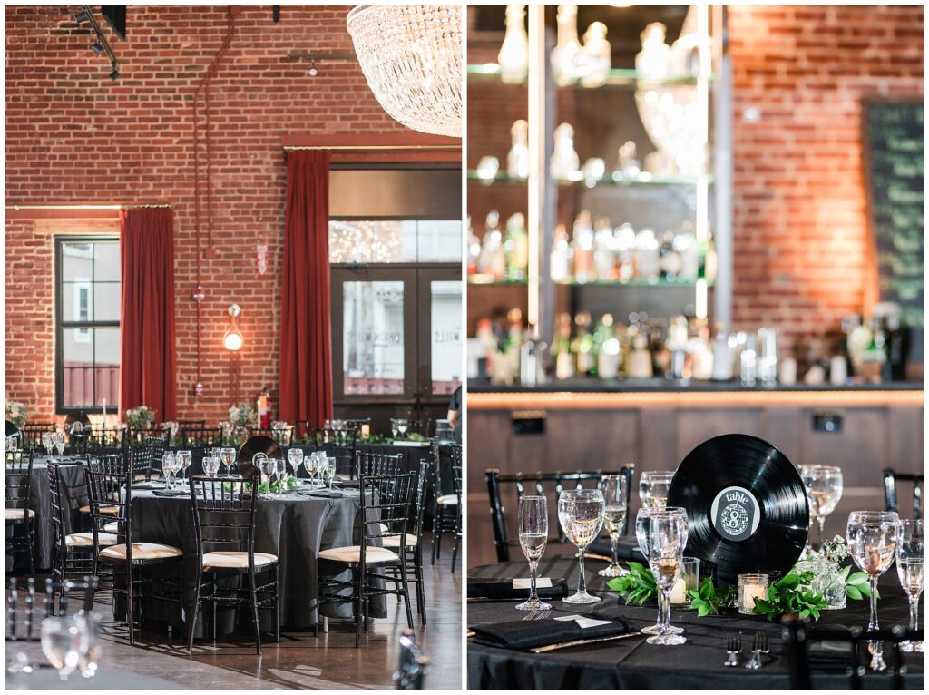 Vintage-meets-modern reception design at Union Mills Public House with vinyl record table numbers, exposed brick walls, and classic bar setup in downtown Frederick