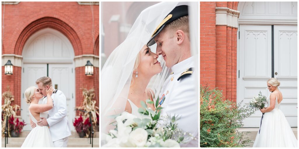 Intimate wedding portraits of naval officer and bride in historic downtown Frederick with fall decor and gothic architecture