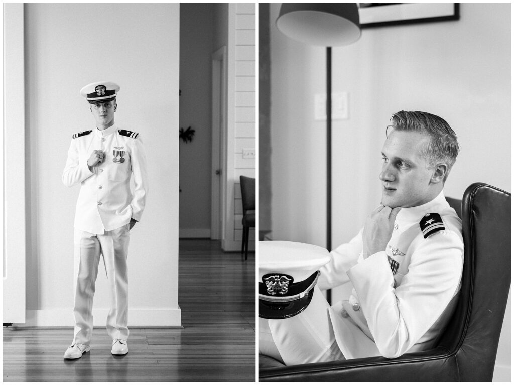 Classic black and white portraits of Naval officer groom in dress whites with cap and formal military stance