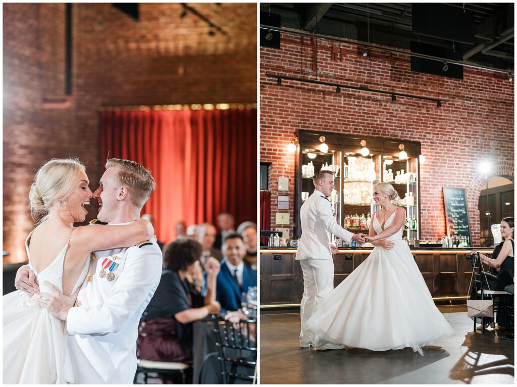 Naval officer and bride share their first dance at Union Mills Public House in Frederick, MD, followed by romantic moment at historic brick-walled bar. Groom in naval dress whites and bride in classic white ballgown showcase venue's vintage Hollywood glamour with red velvet curtains