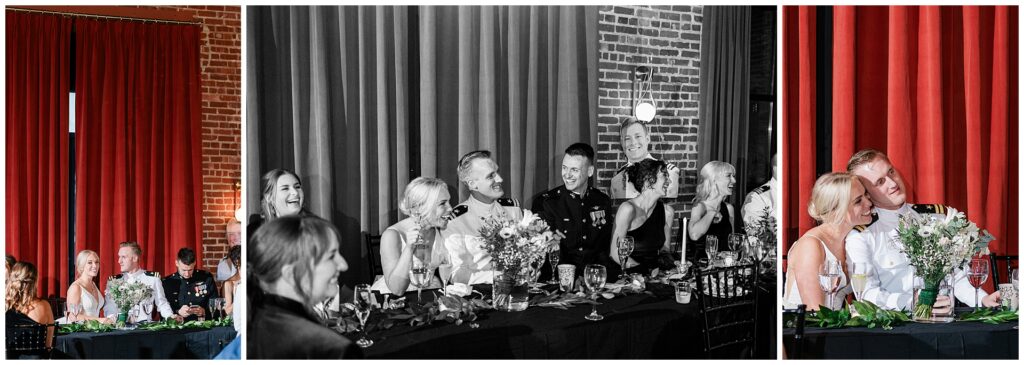 Naval officer and bride share candid moments with wedding party at head table during Union Mills Public House reception in Frederick. Mixed formal shots showcase military officers and bridesmaids against historic venue's signature red curtains