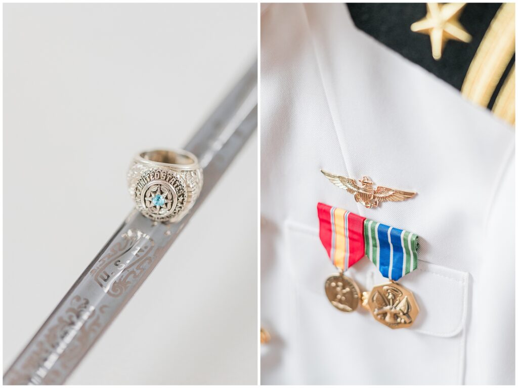 Naval officer's dress whites with medals, sword, and military insignia displayed for wedding day, formal military wedding details