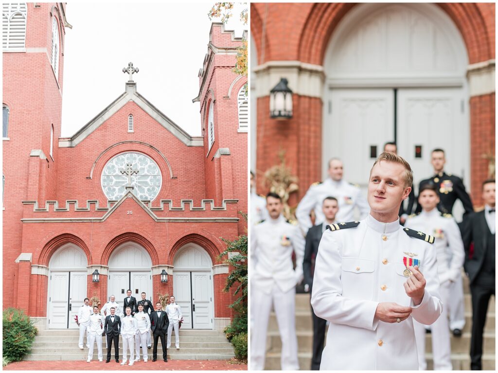 Military wedding groomsmen portraits featuring naval officers in dress whites and groomsmen in classic black tuxedos