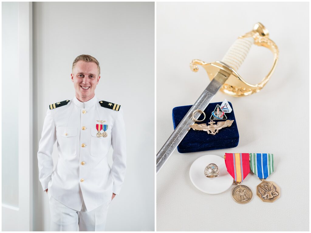 Naval aviator groom in dress whites with service medals, alongside military ceremonial sword and wings