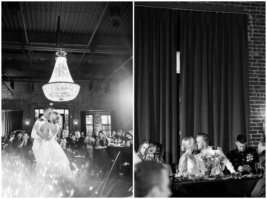 Black and white captures of naval wedding reception at Union Mills Public House, featuring dramatic crystal chandelier over first dance and intimate reception moments. Naval officer in dress whites and bride surrounded by military guests in historic Frederick venue