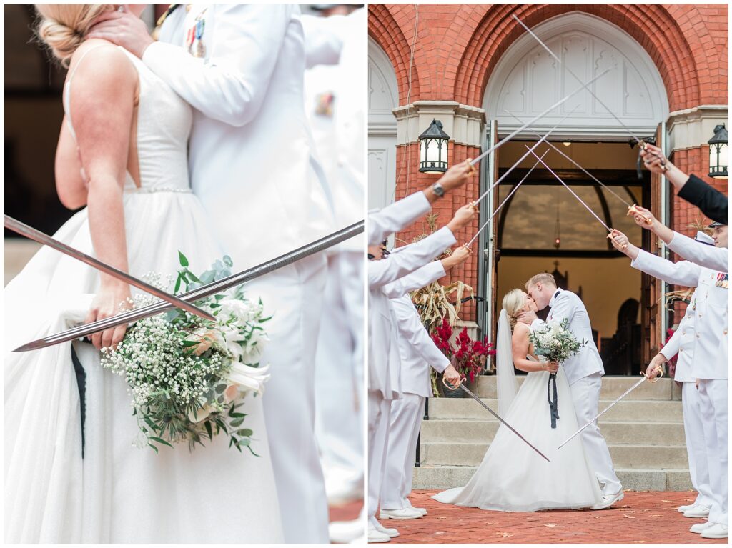 Close-up of ceremonial swords and bridal bouquet during traditional navy wedding arch, with full sword arch moment at historic church