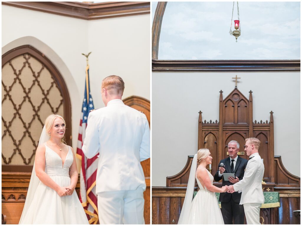 Emotional vow exchange between naval officer and bride during Frederick church ceremony with American flag and Gothic architecture