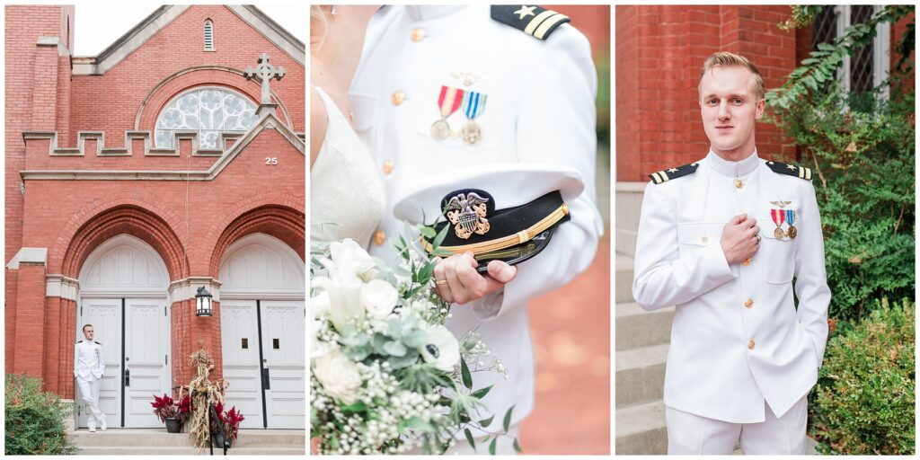 Naval officer wedding details - military medals, aviator cap, and formal portraits in dress whites at historic Frederick venue