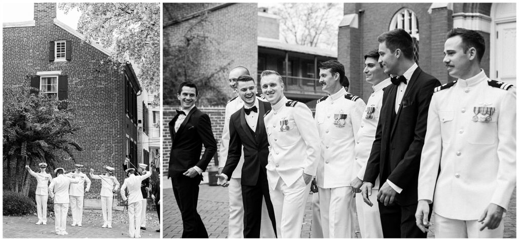 Black and white candid portraits of naval officers and groomsmen outside historic brick church in downtown Frederick