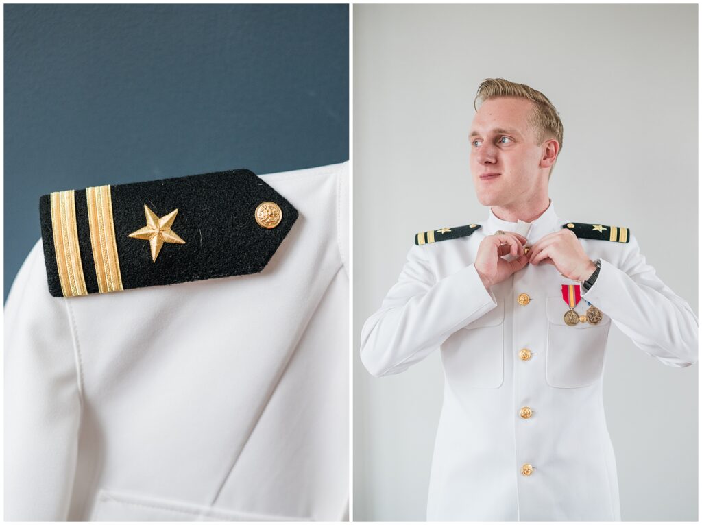 Naval officer's shoulder board insignia with gold stripes and star, groom buttoning dress whites with military medals