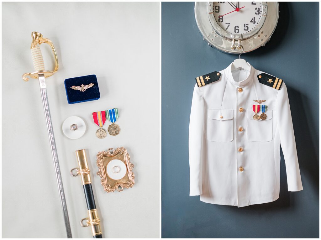 Naval officer groom adjusting collar of dress whites, military wedding day preparations