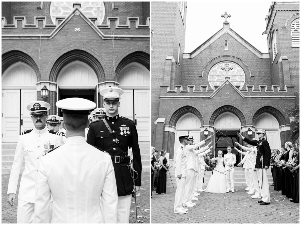 Naval officers in dress whites preparing traditional sword arch outside historic brick church, black and white military wedding traditions